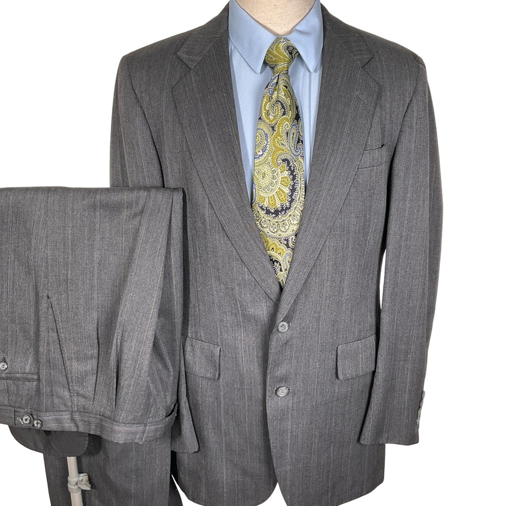 Hart Schaffner Marx Suit Men 42L 32W 32L Gray‎ Multi Pinstripe Classic Wool VTG